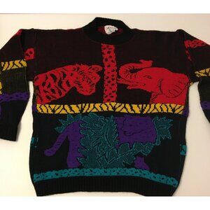 Vintage 80s Novelty Animal Sweater Zoo Safari Circus Cat Elephant Panther (T5)